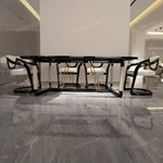 Marble-End Dining Table with Dark Glossy Center and Woven Leather-Wrapped Legs
